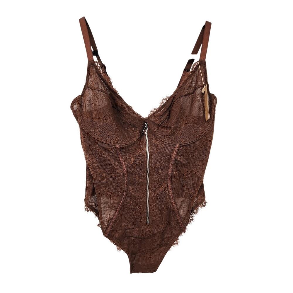 New NWT Shapellx Lace Glamour Flawless Zip Front‎ Thong Bodysuit Brown XL
